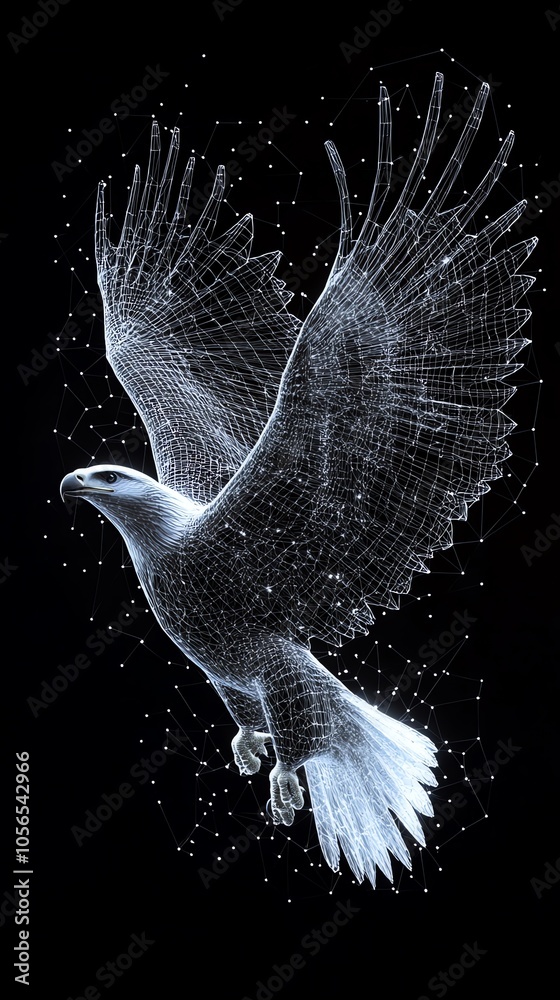 Poster an eagle in flight rendered in a digital, abstract style.