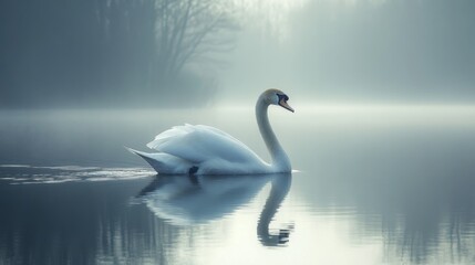 Elegant swan gliding across a misty lake at dawn