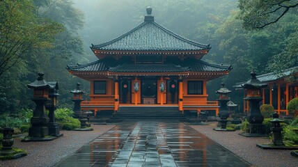 Fototapeta premium A serene temple surrounded by lush greenery, reflecting traditional architecture and atmosphere of tranquility, with mist gently enveloping the scene.