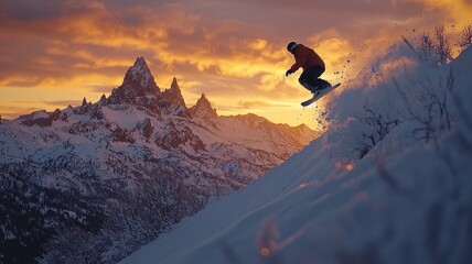 A snowboarder performing an impressive jump against a breathtaking sunset backdrop in a snowy mountain landscape, capturing the thrill of winter sports and adventure.
