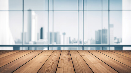 Light wood floor, modern cityscape through large glass windows, urban office view, minimalist design ambiance.