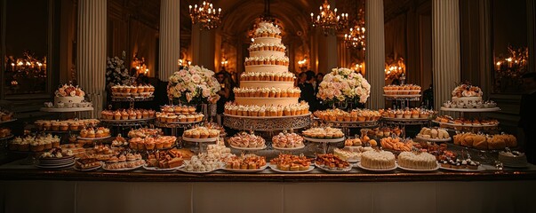 Fototapeta premium A stunning display of various desserts arranged elegantly on a table, featuring a grand cake and assorted pastries, perfect for celebrations and events.