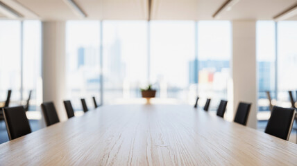 Modern Office Conference Room Large Table City View Bright Atmosphere Empty Chairs Potted Plant