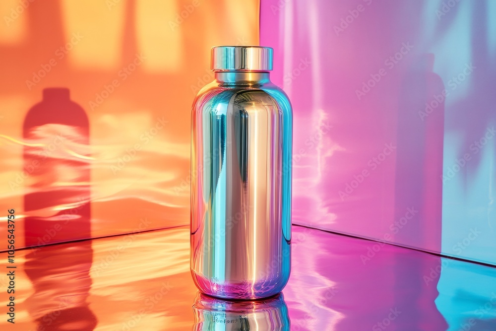 Poster futuristic metallic bottle on vibrant y2k background with chrome reflections