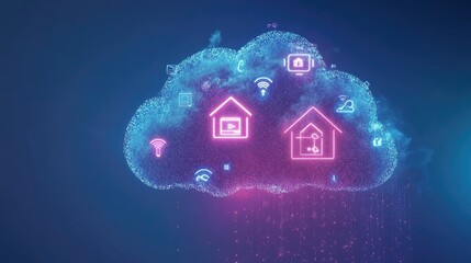 An abstract smart home banner showing wireless connectivity to IoT systems and neon icons of a data cloud representing real-time information transfer.