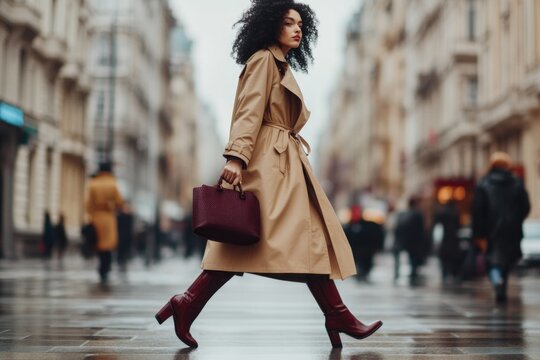 Young stylish woman with curly black hair walking confidently through city street, wearing a trendy trench coat and high heel boots, holding a handbag made of coffee beans