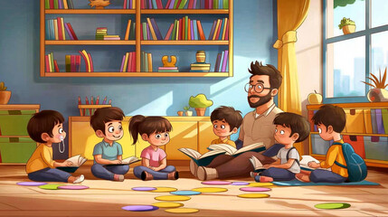 Small nursery school, Children with man teacher sitting on floor in classroom, Daycare concept, preschool, Cartoon style.