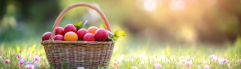 Wicker basket brimming with ripe red apples, a vibrant harvest from the garden