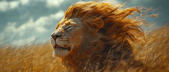 Majestic lion with flowing mane gazes confidently into the distance, surrounded by golden grass under a dramatic sky, symbolizing strength and freedom.