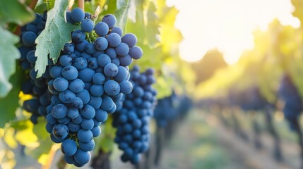 Obraz premium Closeup of ripe, luscious grapes hanging on a vine, glistening under the sunlight in picturesque vineyard