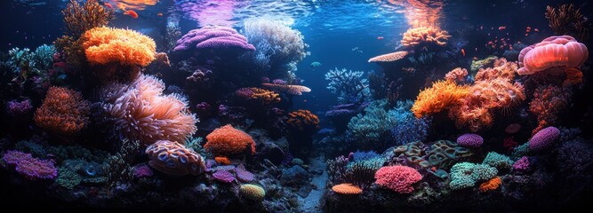 Vibrant coral reef underwater scene showcasing diverse marine life and stunning colors of coral formations in a serene ocean environment.