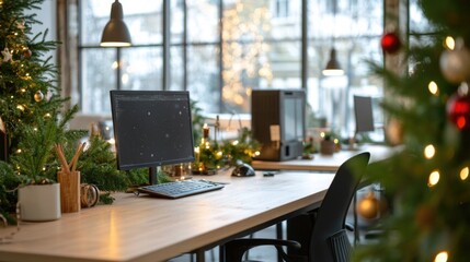 Open office space decorated for Christmas holidays with trees and ornaments, creating warm and festive atmosphere at workplace	
