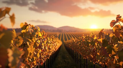 A picturesque vineyard basking in golden sunlight during sunset, with rows of grapevines stretching towards the horizon.