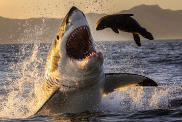 Great white shark is breaching out of the water to catch a seal