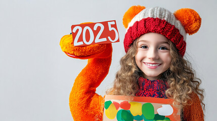A cute and happy American white girl dressed in a red knit sweater holds a "HNY 2025" signs board with a snake doll on a plain white background for a New Year celebration.