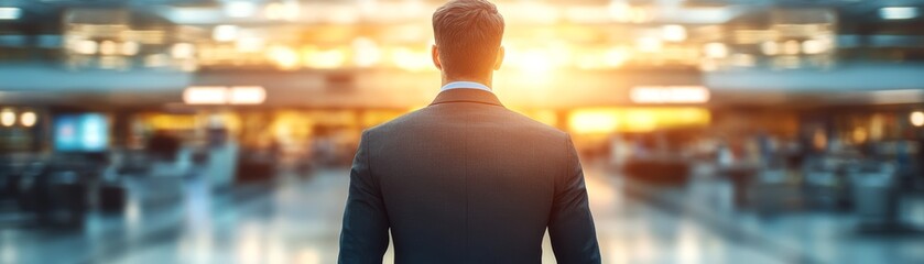 Fototapeta premium Ambitious businessman in a suit overlooking stunning cityscape. urban success, career, and city life.