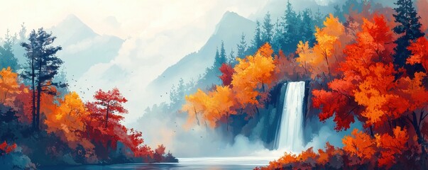 Fototapeta premium A serene landscape featuring a vibrant waterfall surrounded by colorful autumn foliage and distant mountains.