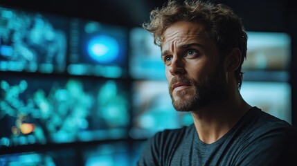Man thoughtfully analyzing data in a darkened tech workspace