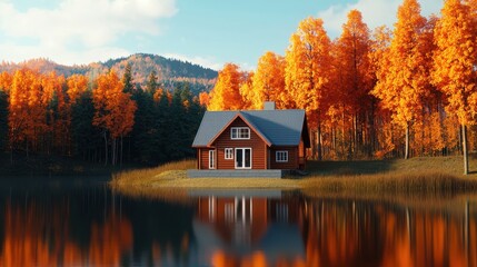 Fototapeta premium A cozy wooden house surrounded by vibrant autumn trees, reflecting on a serene lake with mountains in the background under a clear blue sky.