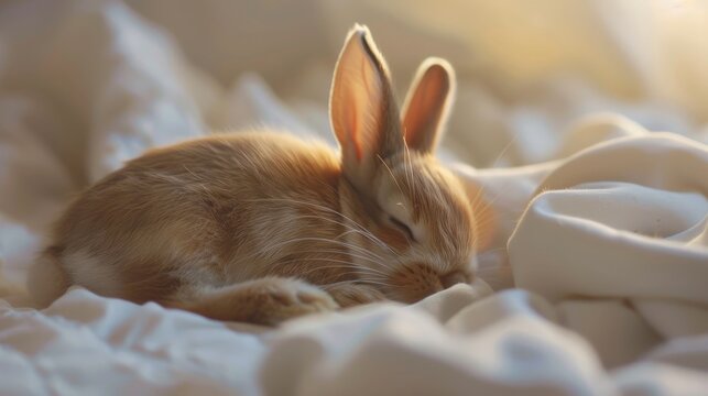 Cute baby rabbit sleeping on a cozy white blanket, bathed in gentle sunlight. Perfect for themes of tranquility, nature, and cuteness. - Powered by Adobe