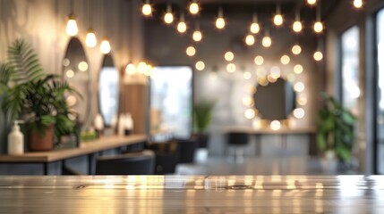 Beauty salon with blurred background and make-up table, cinema lights, hairdressing salon interior