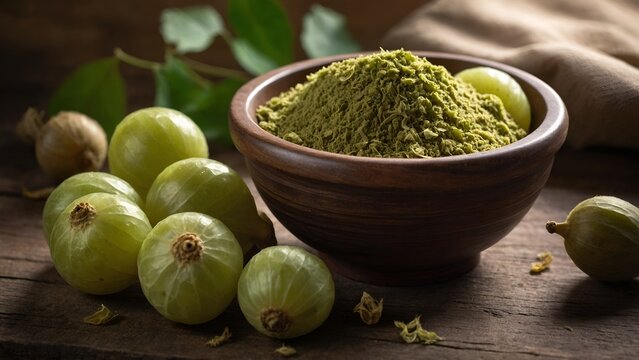 Fresh Amla Powder and Raw Avla on Rustic Wooden Table - Ayurvedic Supplement Concept
