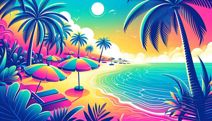 Tropical Beach Scene with Colorful Umbrellas and Palm Trees