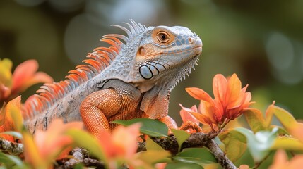 Naklejka premium Iguana perched on vibrant orange flowers in a lush environment