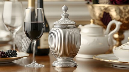 Sophisticated and Elegant New Year Scene Featuring Collectible Silver Figurines Exclusive Wine Glasses and Designer Home Decor Creating a Refined and Luxurious Atmosphere
