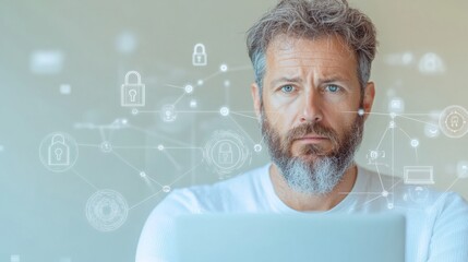 Concerned Mid-Aged Man Checking Laptop with Digital Lock Symbols in Warm Indoor Setting