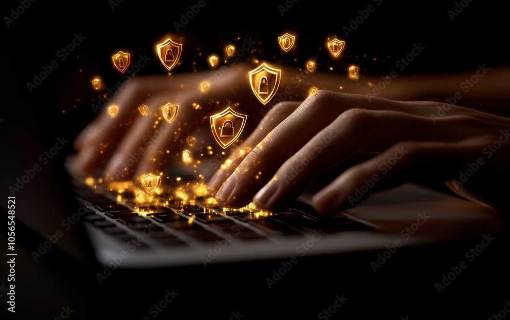 Aufkleber cybersecurity focus hands typing on laptop with floating shield and padlock icons in warm light