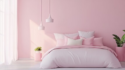 Minimalist pink-themed bedroom featuring an upscale bed, ample space for customization, and soft, elegant decor accents.