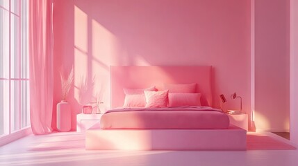 Minimalist pink-themed bedroom featuring an upscale bed, ample space for customization, and soft, elegant decor accents.