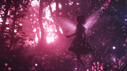 Mischievous anime fairy with tiny wings and a wand, spreading sparkles in a magical forest.