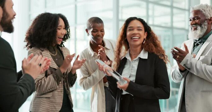 Celebration, clapping and group in office, laughing and award for recognition in company, happy and grateful. Colleagues, prize and applause for achievement, success and people with joy and smile