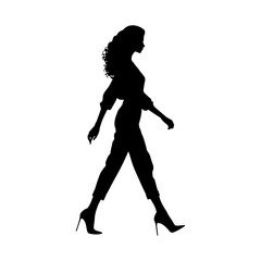 Vector illustration. Silhouette of a girl on a white background. On heels goes sideways.