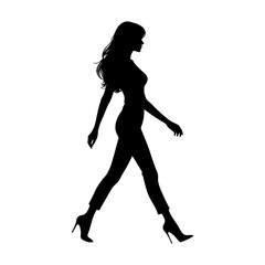 Vector illustration. Silhouette of a girl on a white background. On heels goes sideways.