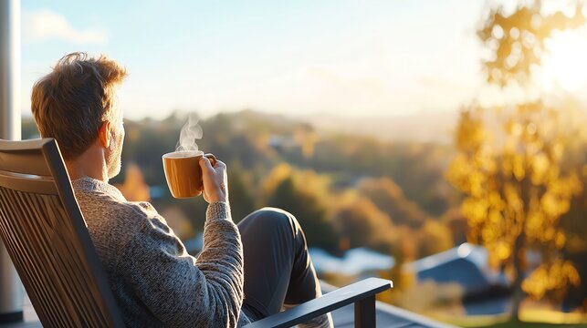 A man enjoys a warm beverage while relaxing on a deck, surrounded by a tranquil autumn landscape. Perfect for peaceful moments.