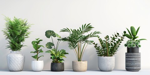 Fototapeta premium A variety of indoor plants in contemporary pots arranged in a row, perfect for home decor inspiration and botanical themes.