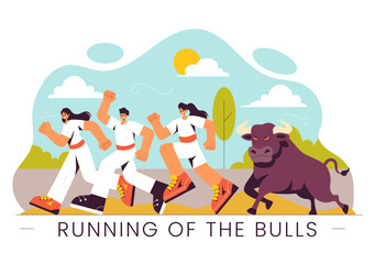 Running of the Bulls Vector Illustration featuring a Bullfighting Competition and Bulls Chasing in an Arena with a Flat Style Cartoon Background