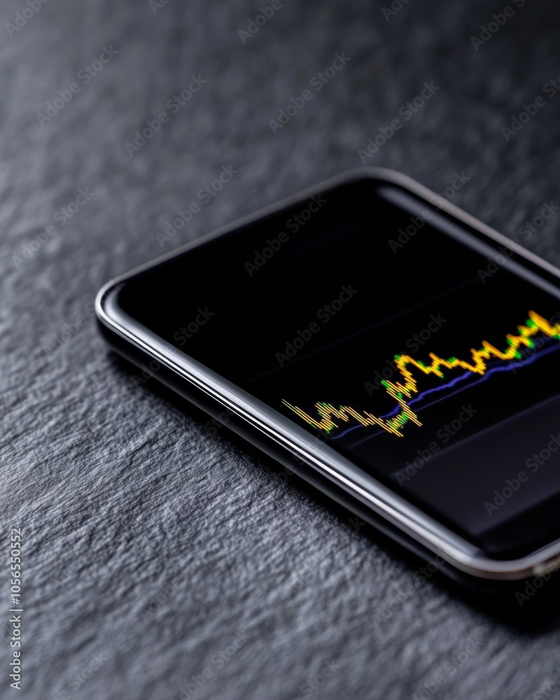 Poster Close-Up of Smartphone Displaying Volatile Bitcoin Price Chart Against a Dark Background