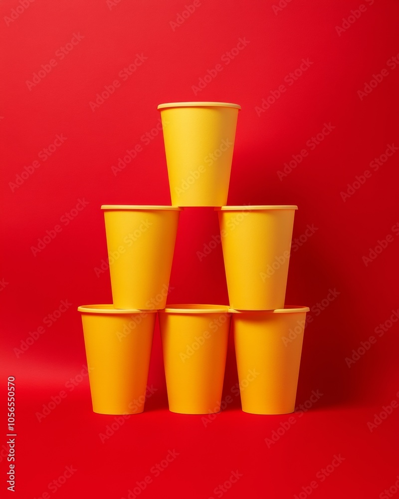 Poster vibrant abstract of stacked yellow cups against bold red background in symmetrical design
