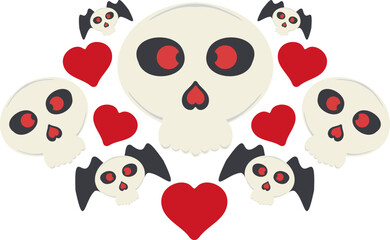 Skull with Hearts and Bats Illustration
