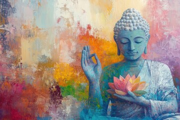 Buddha holding colorful lotus flower, oil painting