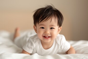 A cute smiling Asian baby boy, wearing white short sleeves and crawling on the bed with a happy expression, is photographed in front of the bed
