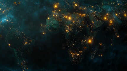 The continents are glowing with light points in concentrated areas, indicating densely populated regions.