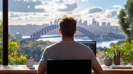 Man working on computer in home office with view of Sydney Harbour Bridge and city skyline

