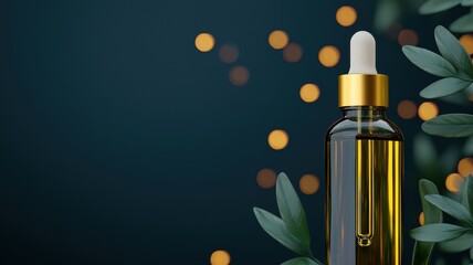 Fresh jojoba with essential oil dropper, dark backdrop, natural skincare, glowing oils, organic feel, 3D illustration