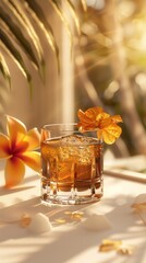 Product photography of an old fashioned cocktail, sitting on a white table with the sun shining from the right hand side casting shadows onto it, with an orange paper garnish in the glass