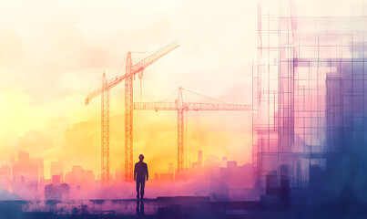 Construction Scenes Featuring Architects, Engineers, and Workers in Various Atmospheric Settings